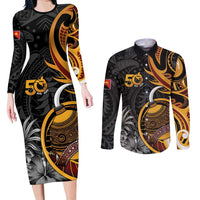 Personalised Papua New Guinea Couples Matching Long Sleeve Bodycon Dress and Long Sleeve Button Shirt Happy 50th Independence Anniversary LT05 Black - Polynesian Pride