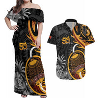 Personalised Papua New Guinea Couples Matching Off Shoulder Maxi Dress and Hawaiian Shirt Happy 50th Independence Anniversary - Polynesian Pride