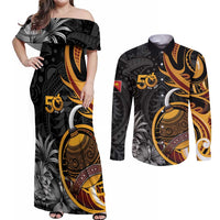 Personalised Papua New Guinea Couples Matching Off Shoulder Maxi Dress and Long Sleeve Button Shirt Happy 50th Independence Anniversary LT05 Black - Polynesian Pride