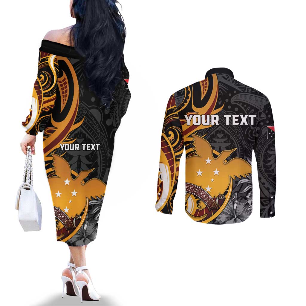 Personalised Papua New Guinea Couples Matching Off The Shoulder Long Sleeve Dress and Long Sleeve Button Shirt Happy 50th Independence Anniversary LT05 - Polynesian Pride