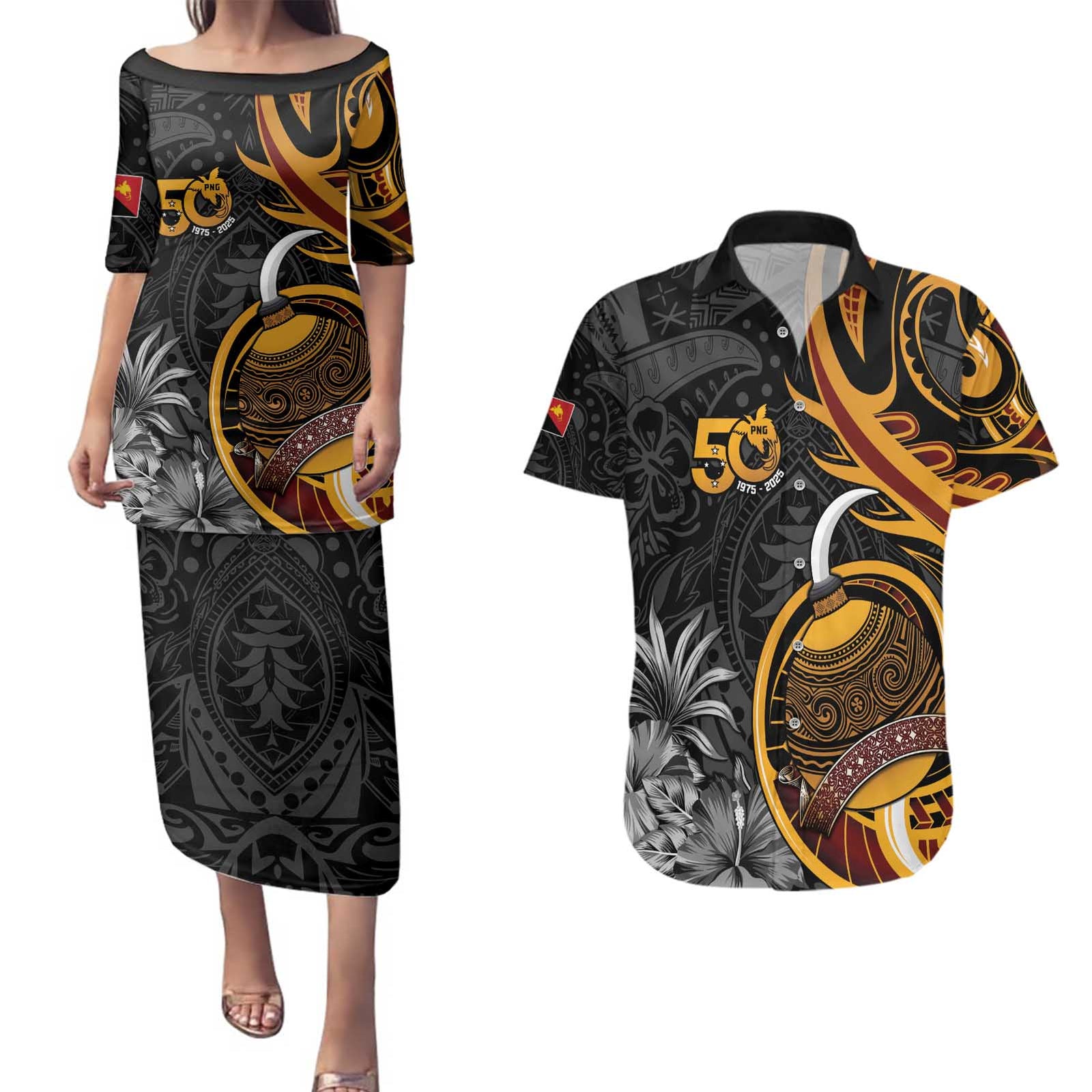 Personalised Papua New Guinea Couples Matching Puletasi and Hawaiian Shirt Happy 50th Independence Anniversary - Polynesian Pride