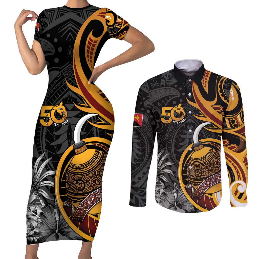 Personalised Papua New Guinea Couples Matching Short Sleeve Bodycon Dress and Long Sleeve Button Shirt Happy 50th Independence Anniversary - Polynesian Pride