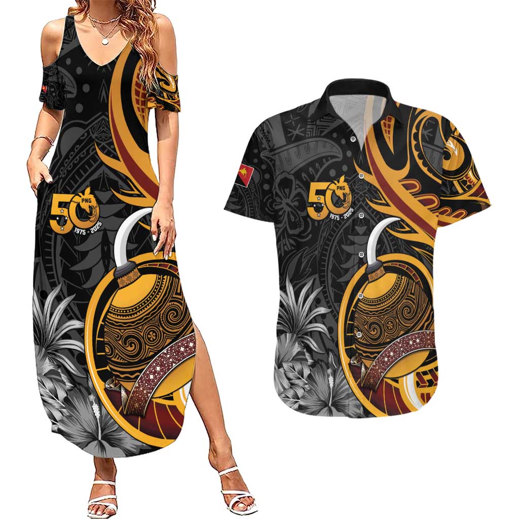 Personalised Papua New Guinea Couples Matching Summer Maxi Dress and Hawaiian Shirt Happy 50th Independence Anniversary - Polynesian Pride