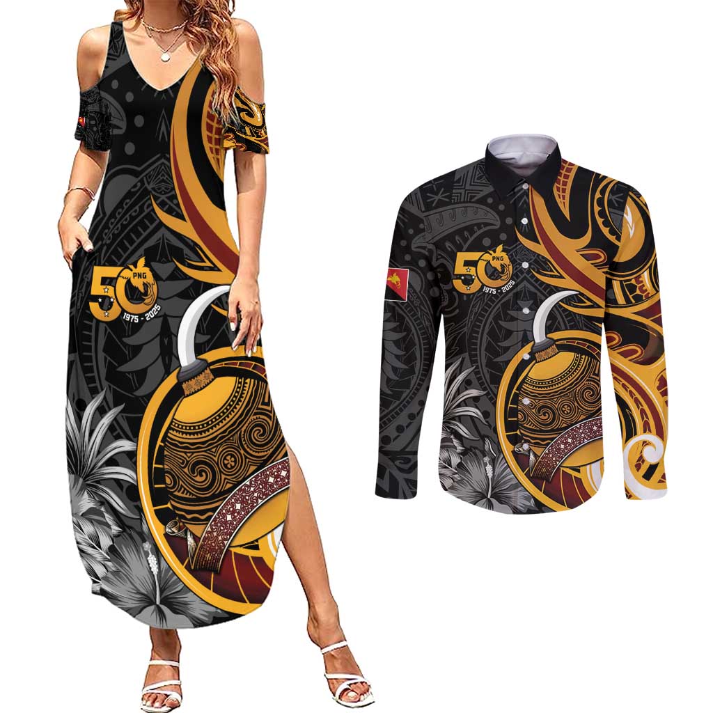 Personalised Papua New Guinea Couples Matching Summer Maxi Dress and Long Sleeve Button Shirt Happy 50th Independence Anniversary LT05 Black - Polynesian Pride
