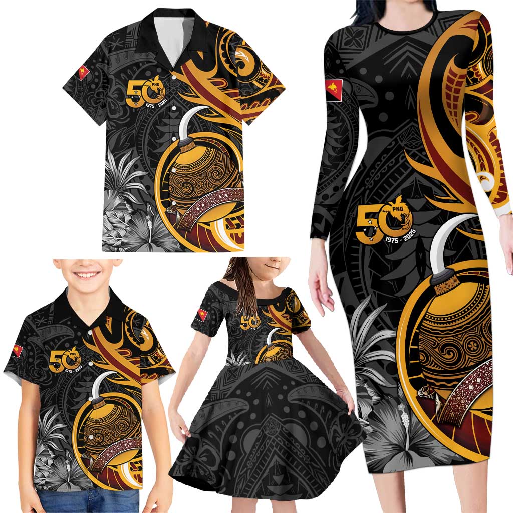 Personalised Papua New Guinea Family Matching Long Sleeve Bodycon Dress and Hawaiian Shirt Happy 50th Independence Anniversary LT05 - Polynesian Pride