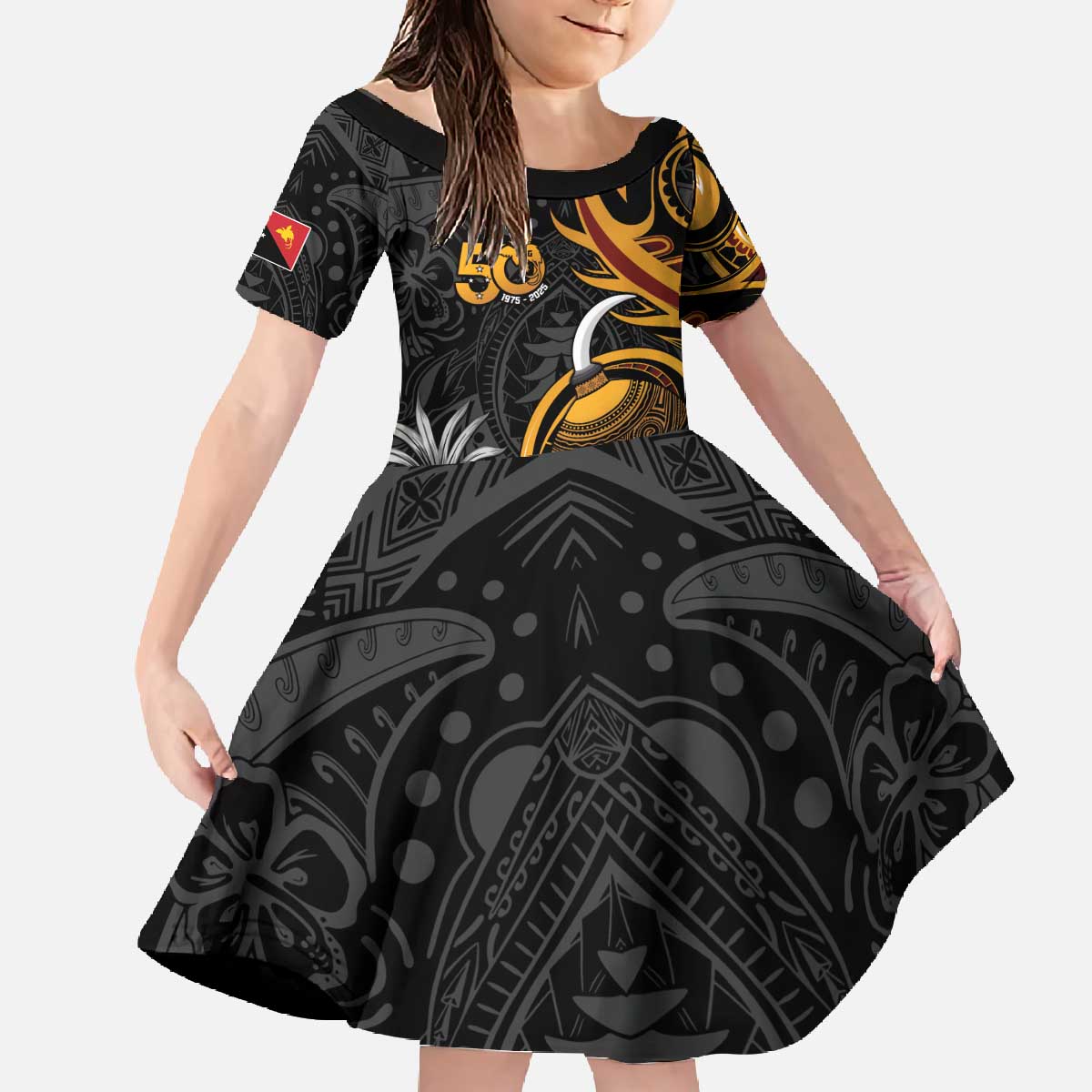 Personalised Papua New Guinea Family Matching Off The Shoulder Long Sleeve Dress and Hawaiian Shirt Happy 50th Independence Anniversary - Polynesian Pride