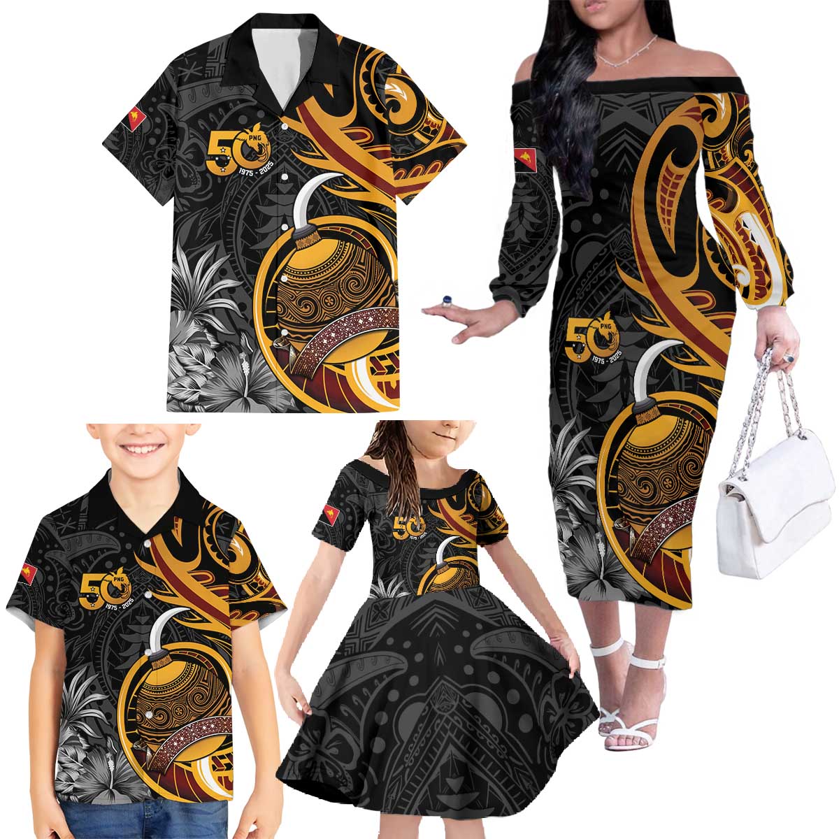 Personalised Papua New Guinea Family Matching Off The Shoulder Long Sleeve Dress and Hawaiian Shirt Happy 50th Independence Anniversary - Polynesian Pride