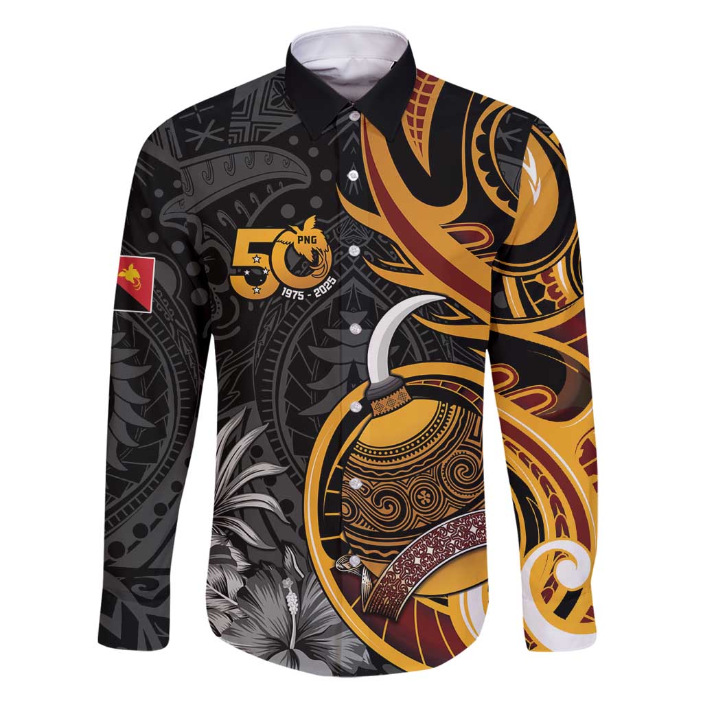 Personalised Papua New Guinea Family Matching Off Shoulder Maxi Dress and Hawaiian Shirt Happy 50th Independence Anniversary LT05 Dad's Shirt - Long Sleeve Black - Polynesian Pride