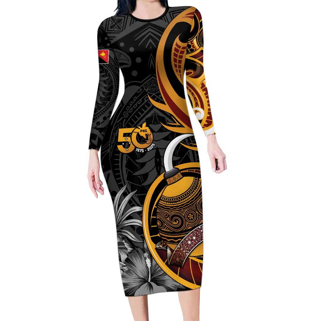Personalised Papua New Guinea Long Sleeve Bodycon Dress Happy 50th Independence Anniversary - Polynesian Pride