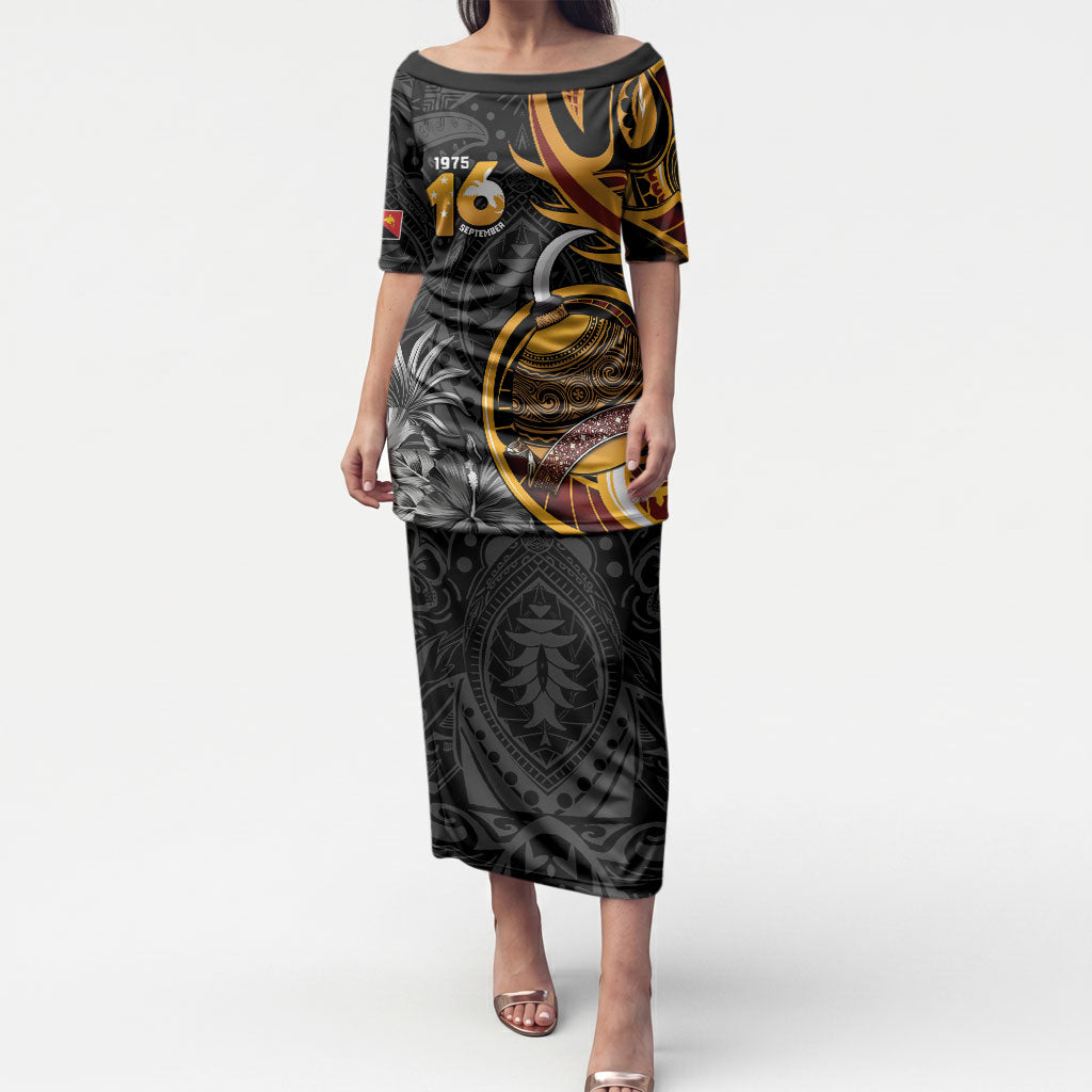 Personalised Papua New Guinea Puletasi Happy Independence Day LT05 Long Dress Black - Polynesian Pride