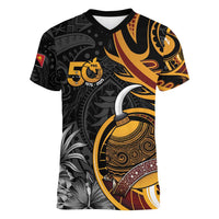 Personalised Papua New Guinea Women V-Neck T-Shirt Happy 50th Independence Anniversary LT05 Female Black - Polynesian Pride
