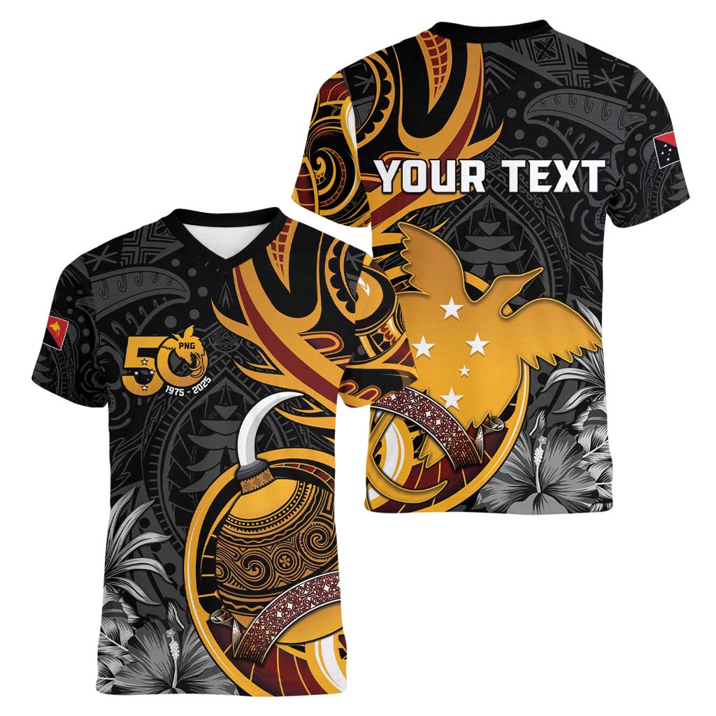 Personalised Papua New Guinea Women V-Neck T-Shirt Happy 50th Independence Anniversary LT05 - Polynesian Pride