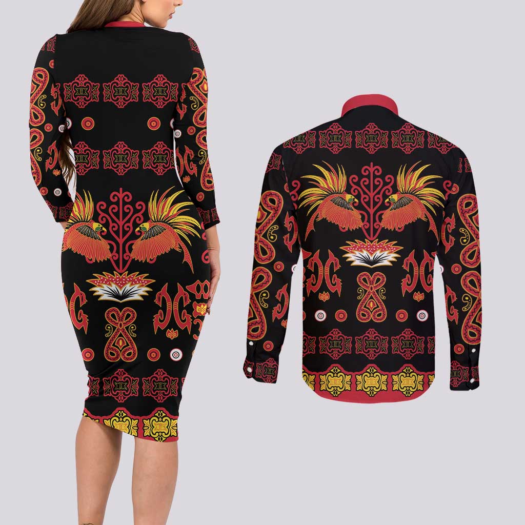 Papua Batik Motif Couples Matching Long Sleeve Bodycon Dress and Long Sleeve Button Shirt Papua Spirit Black Version LT05 - Polynesian Pride