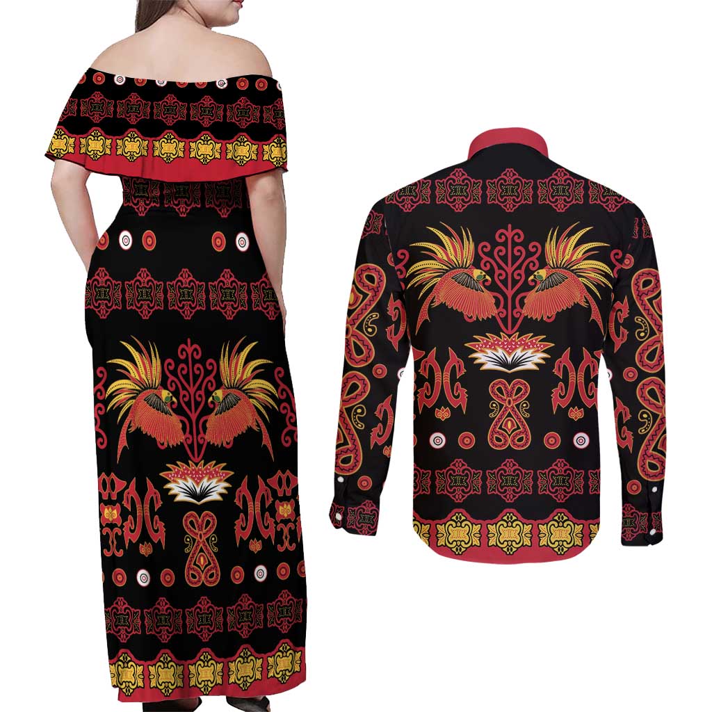 Papua Batik Motif Couples Matching Off Shoulder Maxi Dress and Long Sleeve Button Shirt Papua Spirit Black Version LT05 - Polynesian Pride