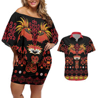 Papua Batik Motif Couples Matching Off Shoulder Short Dress and Hawaiian Shirt Papua Spirit Black Version LT05 Black - Polynesian Pride