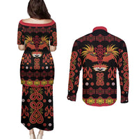 Papua Batik Motif Couples Matching Puletasi and Long Sleeve Button Shirt Papua Spirit Black Version - Polynesian Pride