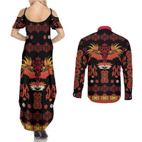 Papua Batik Motif Couples Matching Summer Maxi Dress and Long Sleeve Button Shirt Papua Spirit Black Version LT05 - Polynesian Pride