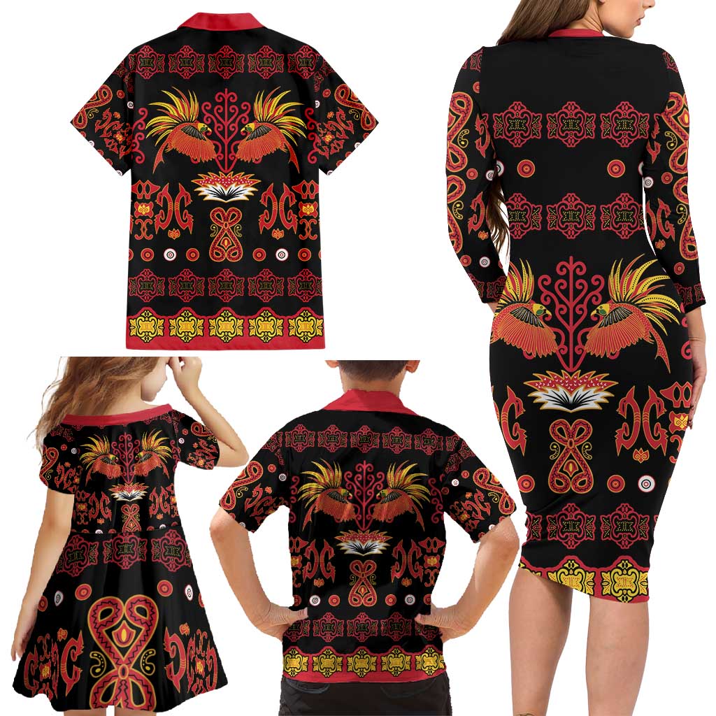 Papua Batik Motif Family Matching Long Sleeve Bodycon Dress and Hawaiian Shirt Papua Spirit Black Version LT05 - Polynesian Pride