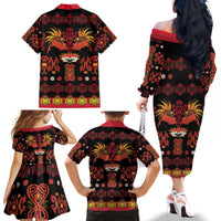 Papua Batik Motif Family Matching Off The Shoulder Long Sleeve Dress and Hawaiian Shirt Papua Spirit Black Version - Polynesian Pride