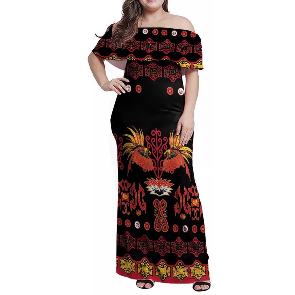 Papua Batik Motif Family Matching Off Shoulder Maxi Dress and Hawaiian Shirt Papua Spirit Black Version LT05 Mom's Dress Black - Polynesian Pride