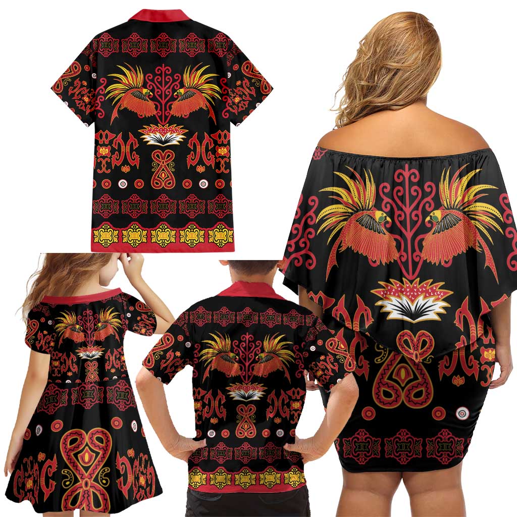 Papua Batik Motif Family Matching Off Shoulder Short Dress and Hawaiian Shirt Papua Spirit Black Version - Polynesian Pride