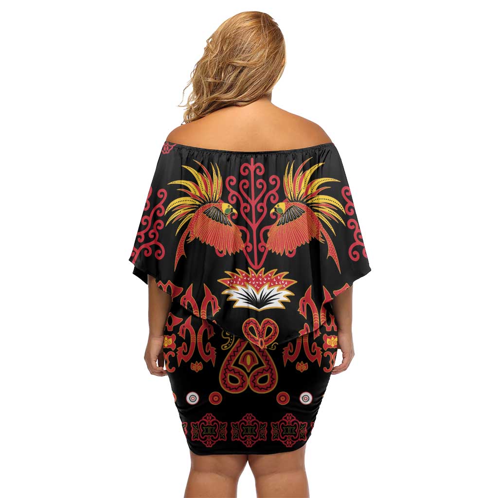 Papua Batik Motif Family Matching Off Shoulder Short Dress and Hawaiian Shirt Papua Spirit Black Version - Polynesian Pride