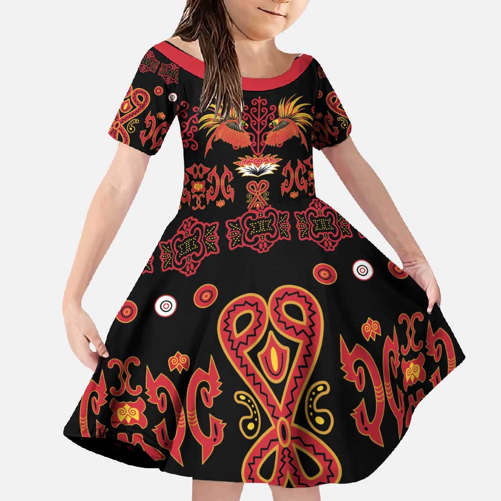 Papua Batik Motif Family Matching Summer Maxi Dress and Hawaiian Shirt Papua Spirit Black Version LT05 Daughter's Dress Black - Polynesian Pride