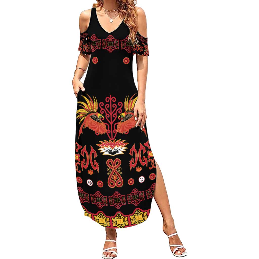 Papua Batik Motif Family Matching Summer Maxi Dress and Hawaiian Shirt Papua Spirit Black Version LT05 Mom's Dress Black - Polynesian Pride