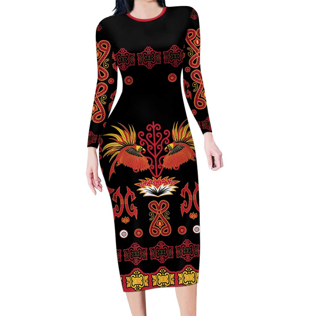 Papua Batik Motif Long Sleeve Bodycon Dress Papua Spirit Black Version - Polynesian Pride