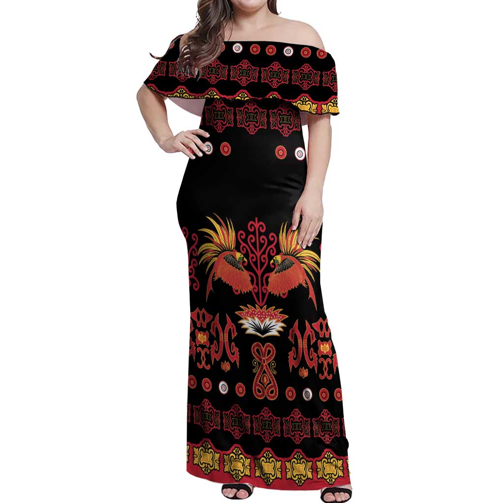 Papua Batik Motif Off Shoulder Maxi Dress Papua Spirit Black Version - Polynesian Pride
