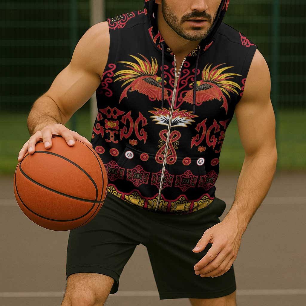 Papua Batik Motif Sleeveless Zip Hoodie Papua Spirit Black Version - Polynesian Pride