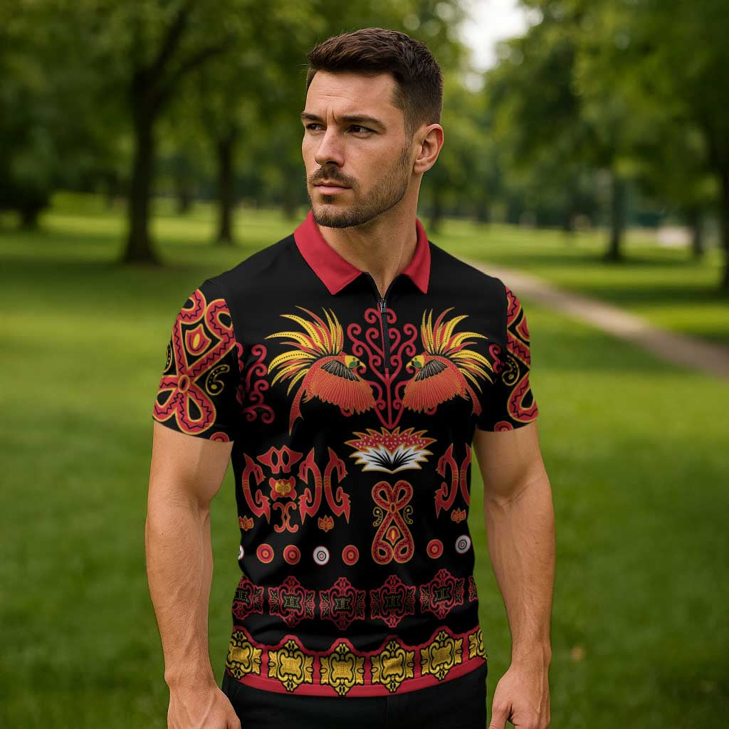 Papua Batik Motif Zipper Polo Shirt Papua Spirit Black Version - Polynesian Pride