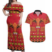 Papua Batik Motif Couples Matching Off Shoulder Maxi Dress and Hawaiian Shirt Papua Spirit Red Version LT05 Red - Polynesian Pride
