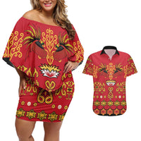 Papua Batik Motif Couples Matching Off Shoulder Short Dress and Hawaiian Shirt Papua Spirit Red Version LT05 Red - Polynesian Pride