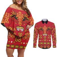 Papua Batik Motif Couples Matching Off Shoulder Short Dress and Long Sleeve Button Shirt Papua Spirit Red Version LT05 Red - Polynesian Pride