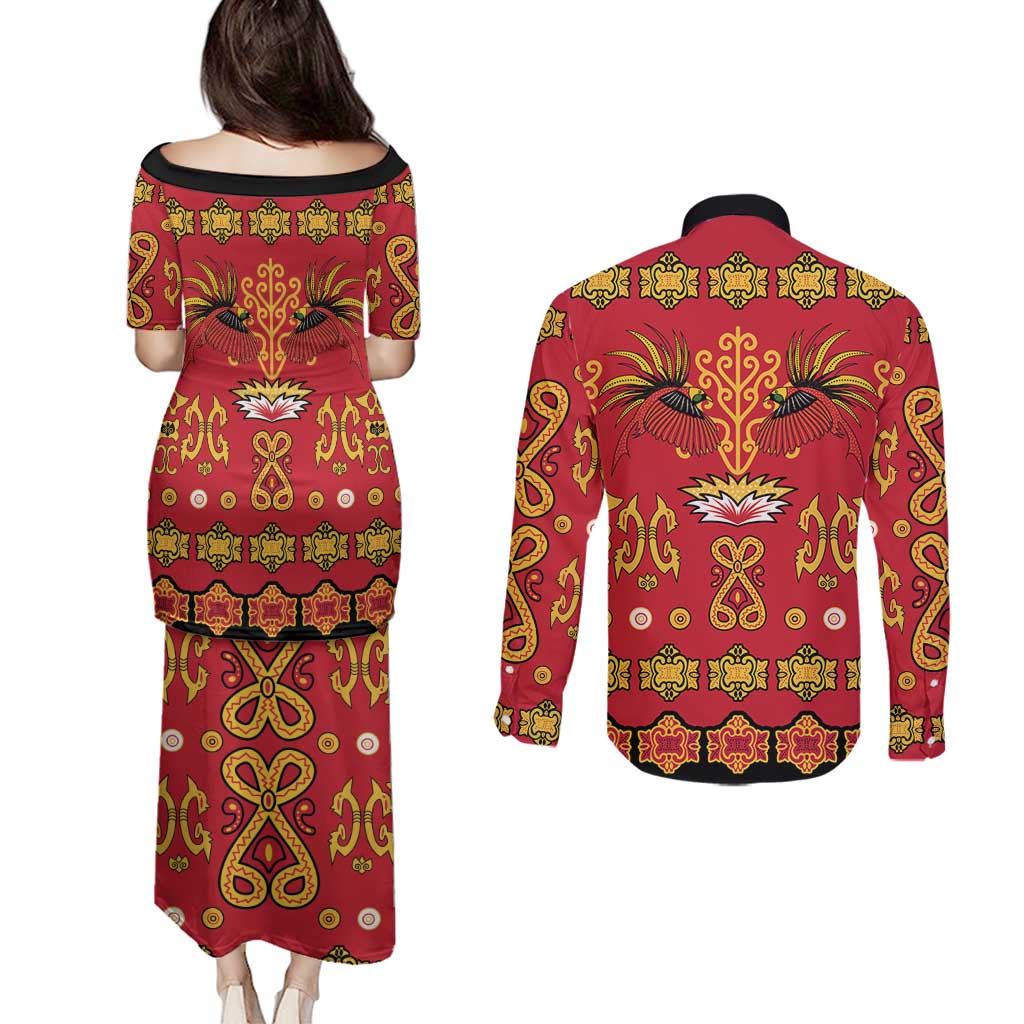 Papua Batik Motif Couples Matching Puletasi and Long Sleeve Button Shirt Papua Spirit Red Version - Polynesian Pride