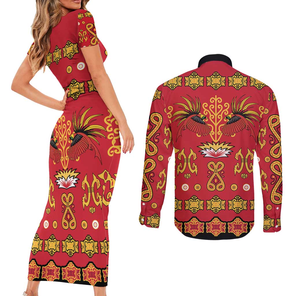 Papua Batik Motif Couples Matching Short Sleeve Bodycon Dress and Long Sleeve Button Shirt Papua Spirit Red Version LT05 - Polynesian Pride