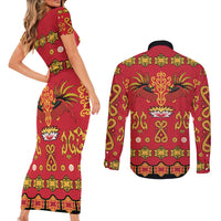 Papua Batik Motif Couples Matching Short Sleeve Bodycon Dress and Long Sleeve Button Shirt Papua Spirit Red Version LT05 - Polynesian Pride