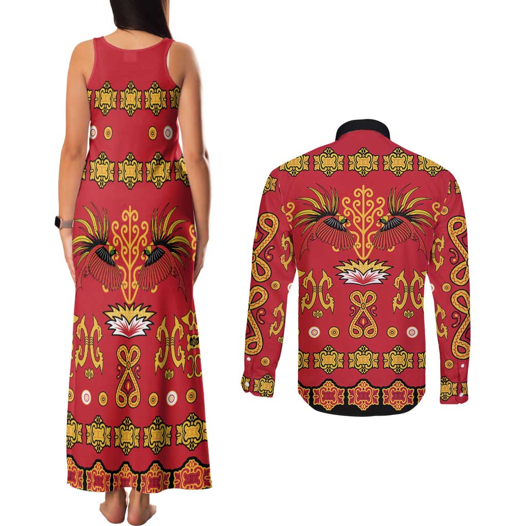 Papua Batik Motif Couples Matching Tank Maxi Dress and Long Sleeve Button Shirt Papua Spirit Red Version LT05 - Polynesian Pride