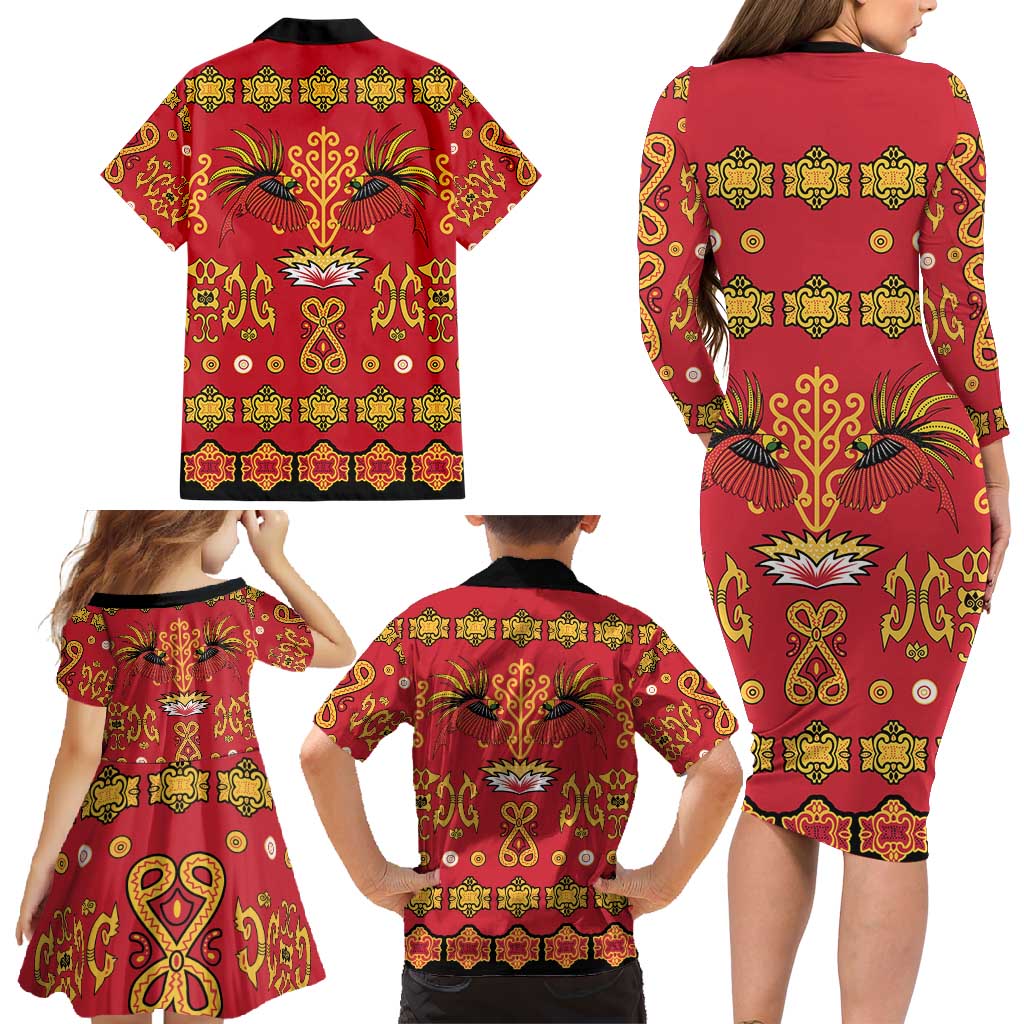 Papua Batik Motif Family Matching Long Sleeve Bodycon Dress and Hawaiian Shirt Papua Spirit Red Version LT05 - Polynesian Pride