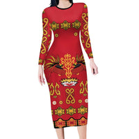 Papua Batik Motif Family Matching Long Sleeve Bodycon Dress and Hawaiian Shirt Papua Spirit Red Version LT05 Mom's Dress Red - Polynesian Pride