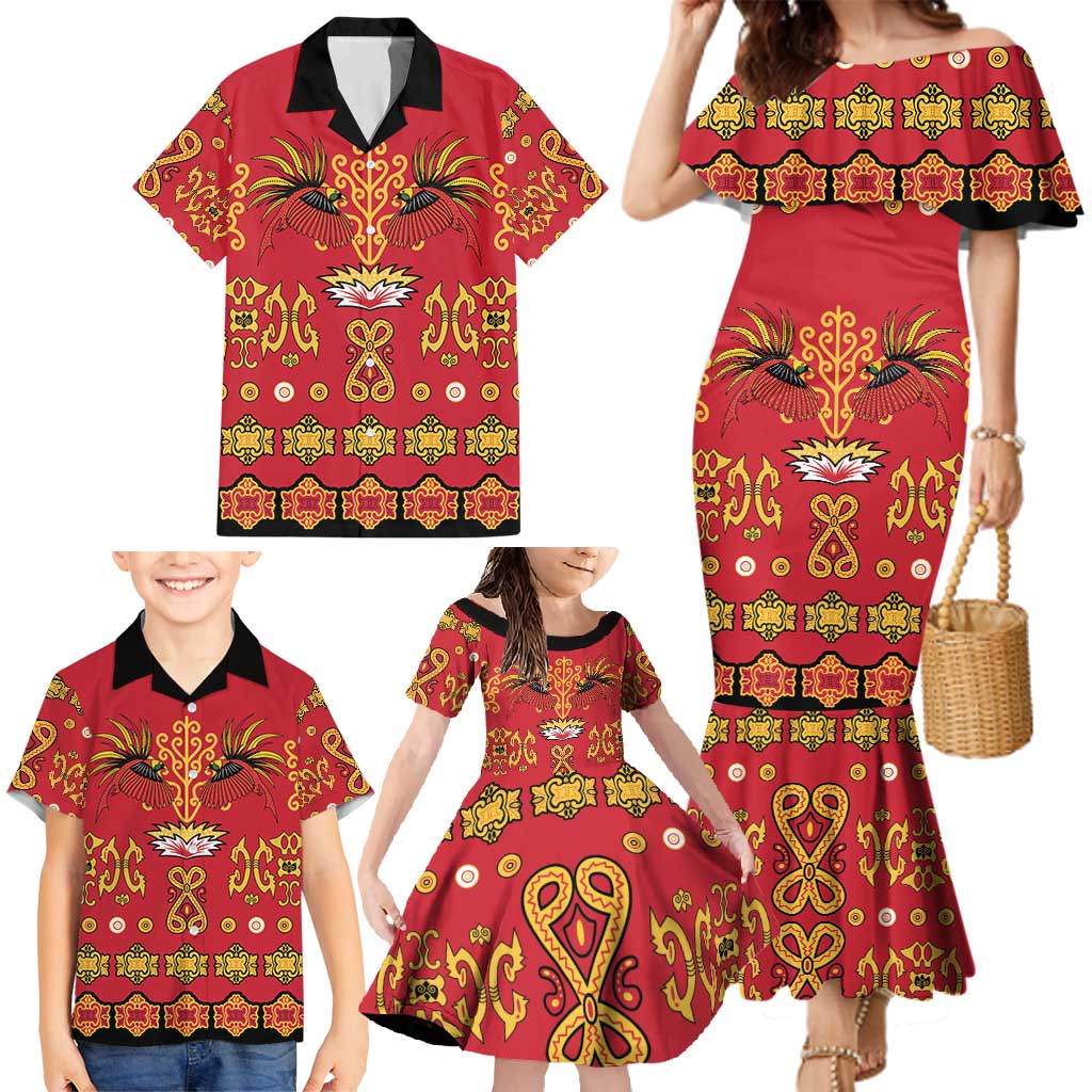 Papua Batik Motif Family Matching Mermaid Dress and Hawaiian Shirt Papua Spirit Red Version LT05 - Polynesian Pride