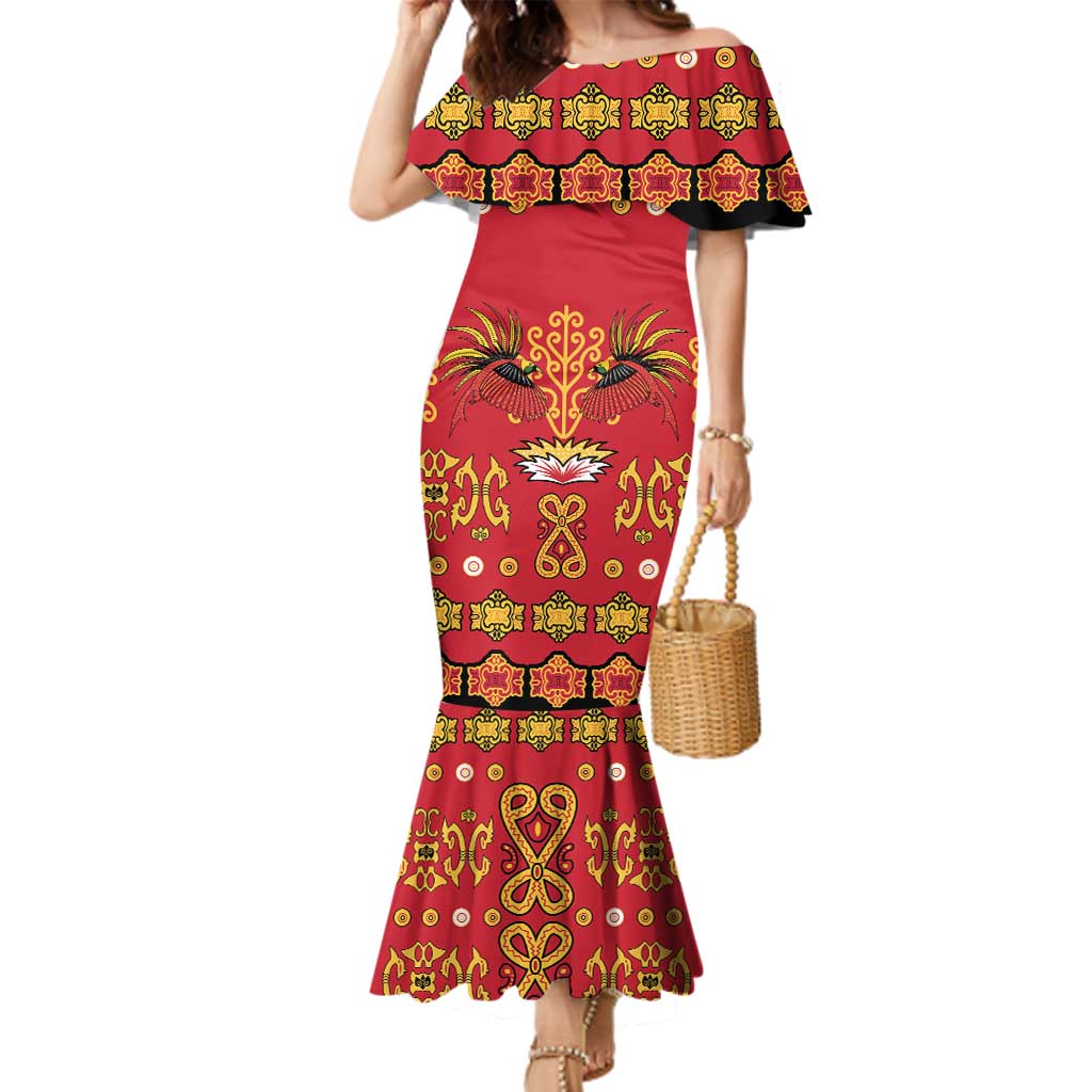 Papua Batik Motif Family Matching Mermaid Dress and Hawaiian Shirt Papua Spirit Red Version LT05 Mom's Dress Red - Polynesian Pride