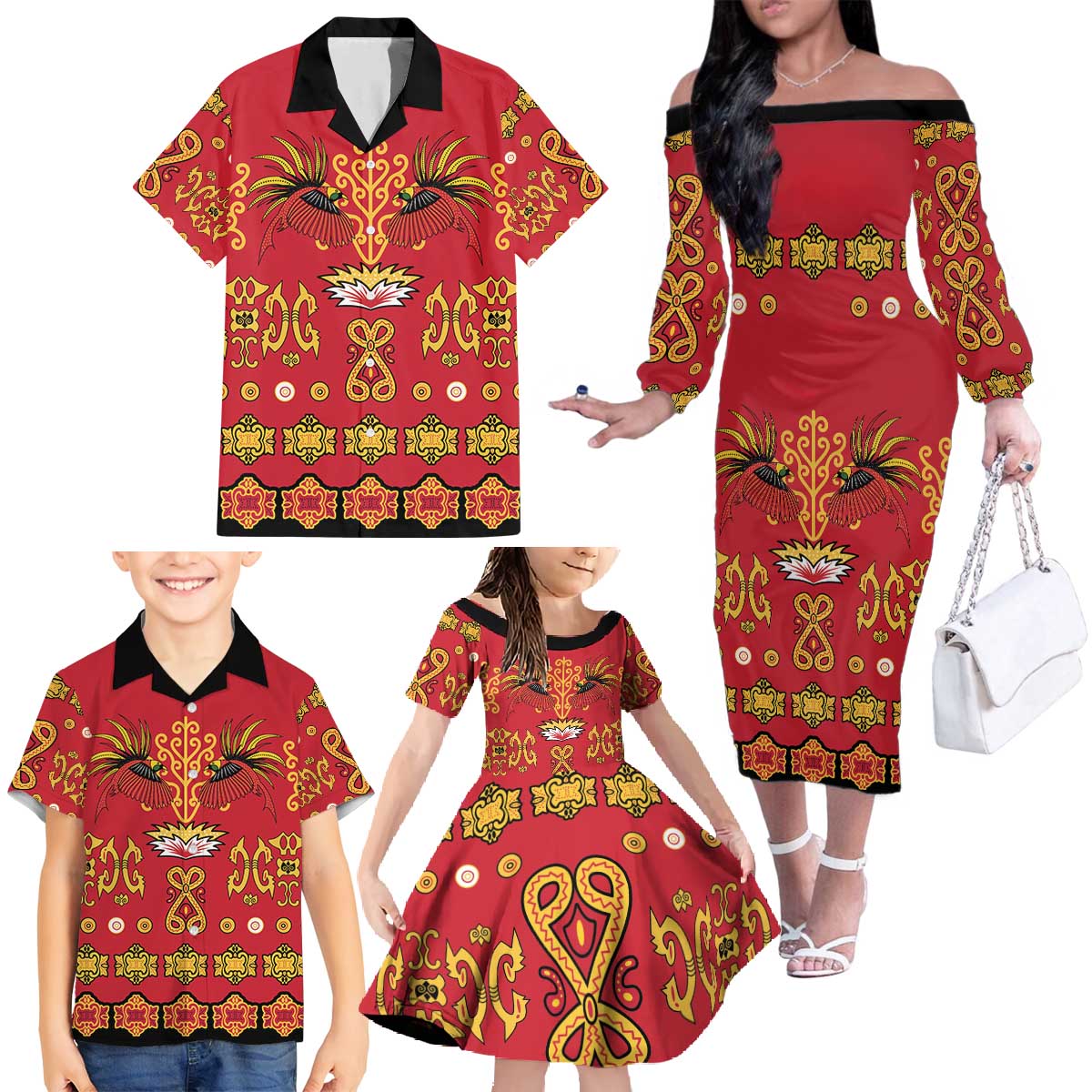 Papua Batik Motif Family Matching Off The Shoulder Long Sleeve Dress and Hawaiian Shirt Papua Spirit Red Version - Polynesian Pride
