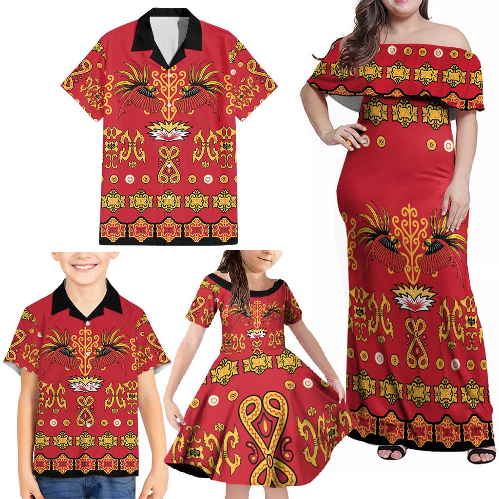 Papua Batik Motif Family Matching Off Shoulder Maxi Dress and Hawaiian Shirt Papua Spirit Red Version LT05 - Polynesian Pride