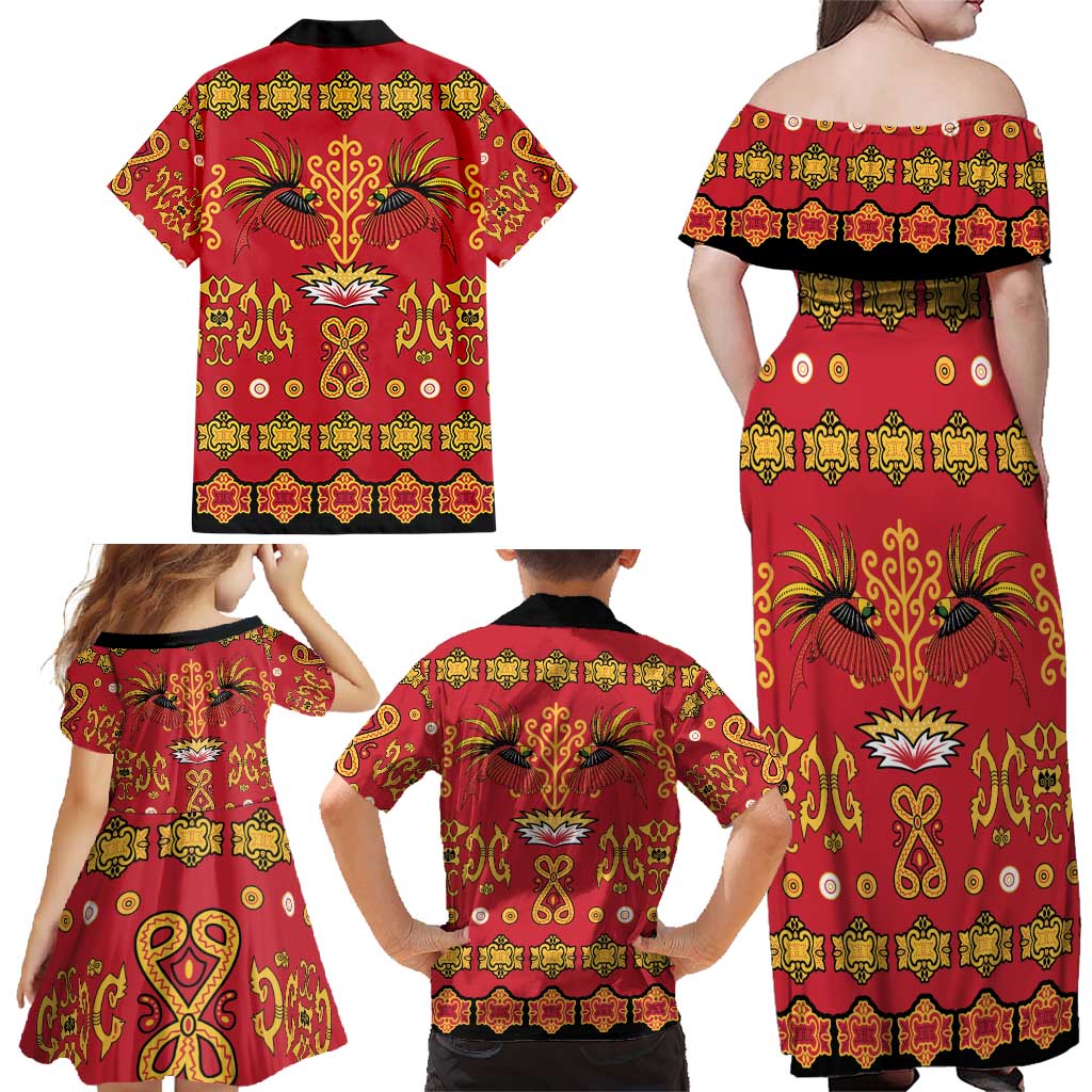 Papua Batik Motif Family Matching Off Shoulder Maxi Dress and Hawaiian Shirt Papua Spirit Red Version LT05 - Polynesian Pride