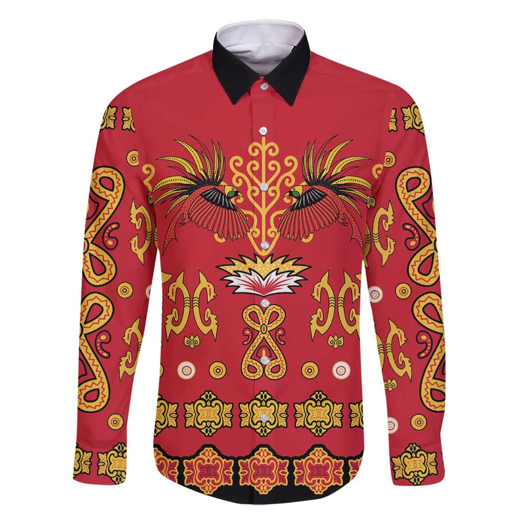 Papua Batik Motif Family Matching Off Shoulder Maxi Dress and Hawaiian Shirt Papua Spirit Red Version LT05 Dad's Shirt - Long Sleeve Red - Polynesian Pride