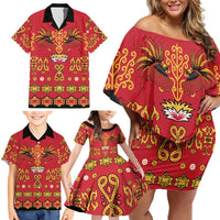 Papua Batik Motif Family Matching Off Shoulder Short Dress and Hawaiian Shirt Papua Spirit Red Version - Polynesian Pride
