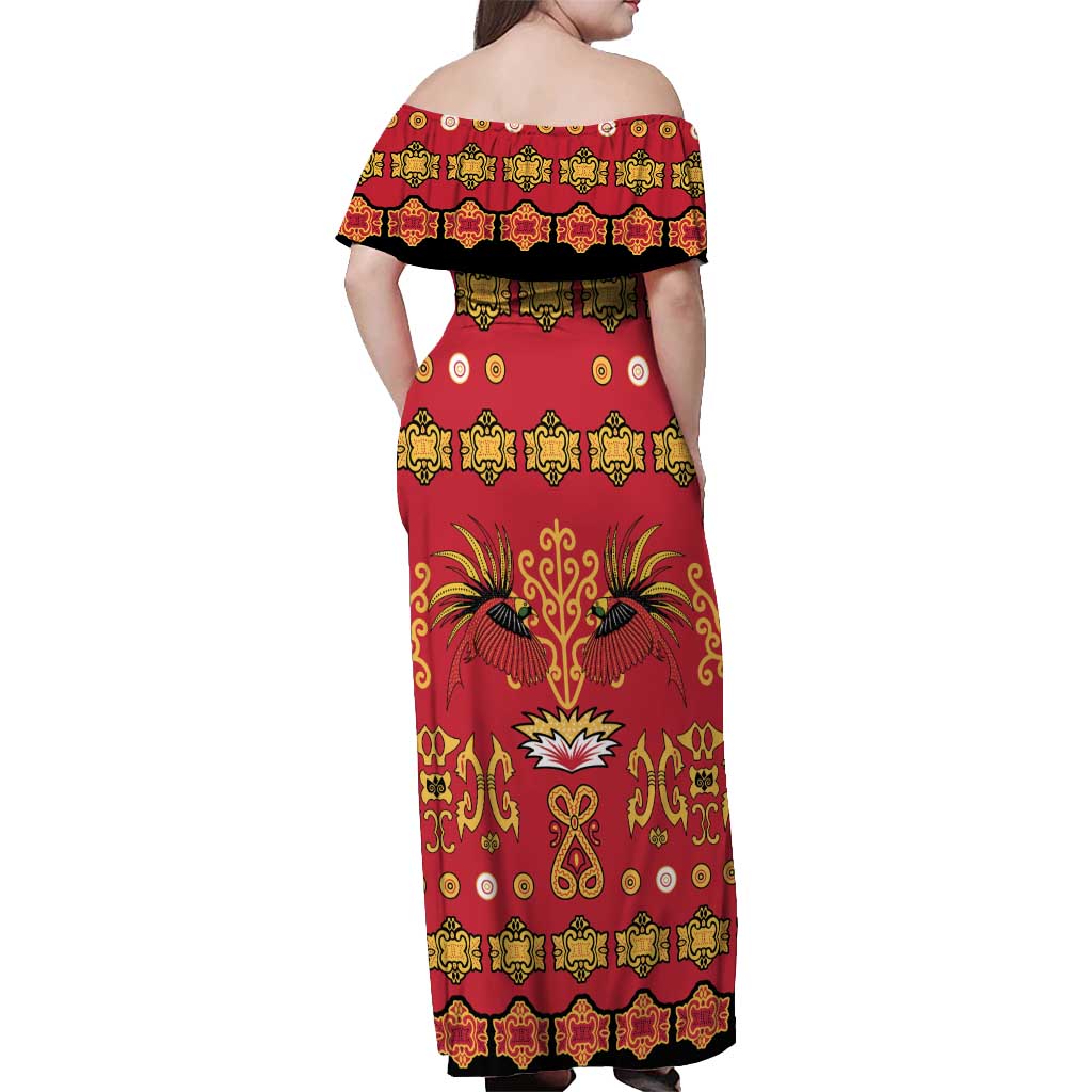 Papua Batik Motif Off Shoulder Maxi Dress Papua Spirit Red Version - Polynesian Pride