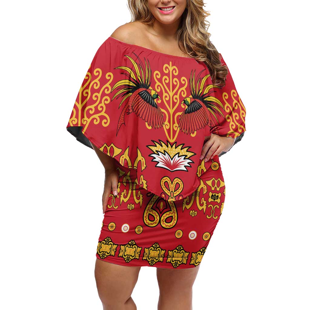 Papua Batik Motif Off Shoulder Short Dress Papua Spirit Red Version - Polynesian Pride
